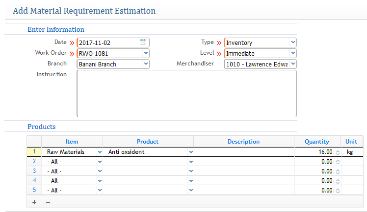 Add Material Requirment Estimation